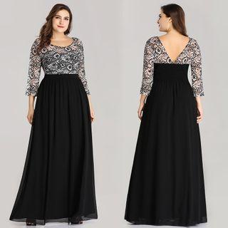 3/4-sleeve Floral A-line Evening Gown
