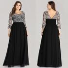 3/4-sleeve Floral A-line Evening Gown