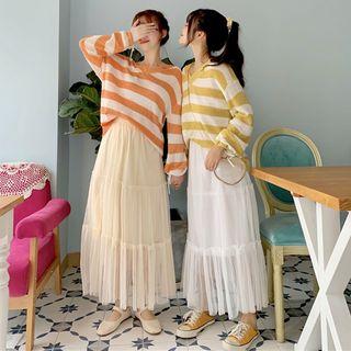 V-neck Striped Sweater / Mesh Midi A-line Skirt