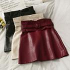 Paperbag High-waist Faux-leather Mini Skirt With Belt