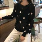 Dotted Long-sleeve Knit Top Black - One Size