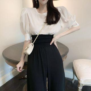 Plain Puff-sleeve Blouse / Wide Leg Pants