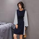 Long-sleeve Stripe-panel Gather-waist Dress