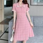 Collared Checked Short-sleeve A-line Dress As Shown In Figure - One Size