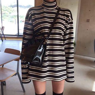 Long-sleeve Striped Long T-shirt Stripe - Black & White - One Size
