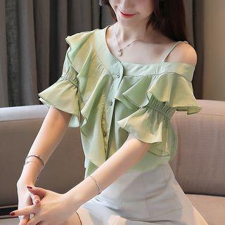 Off-shoulder Ruffle Elbow-sleeve Blouse
