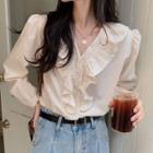 Long-sleeve Buttoned Ruffled Blouse Almond - One Size
