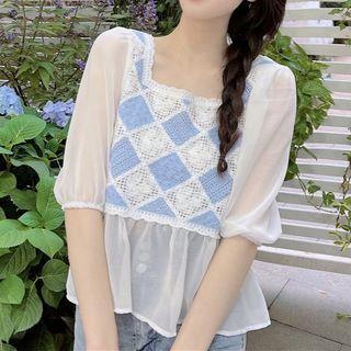 Short-sleeve Square-neck Argyle Chiffon Panel Top