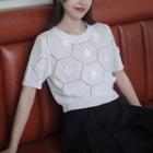 Short-sleeve Flower Applique Knit Top White - One Size