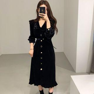 Buttoned Long-sleeve Midi Collared Dress Black - M