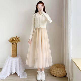 Plain Button-up Cardigan / Sleeveless Mesh A-line Dress / Set