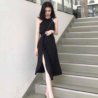 Set: Plain Halter Top + Tie-waist Front-slit Midi Skirt