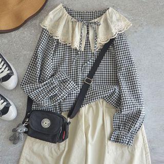 Peter Pan-collar Lace Panel Plaid Blouse