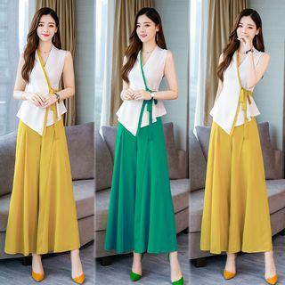 Set: V-neck Sleeveless Blouse + Wide-leg Pants