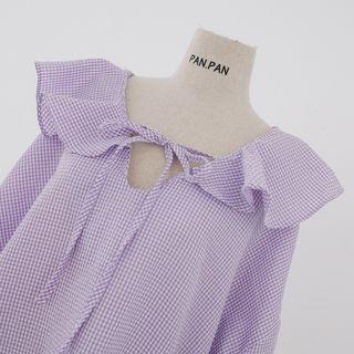 Lace-up Front Plaid Long-sleeve Dress Gingham - Purple - One Size