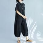 Plain Long-sleeve Jumpsuit Black - One Size