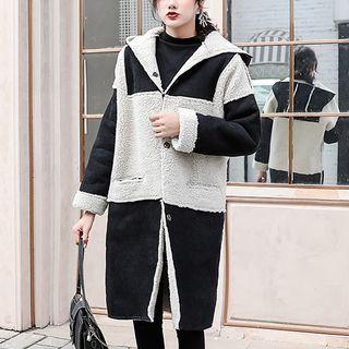 Hooded Color Panel Fleece Snap Button Long Coat