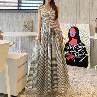Set: Sleeveless Striped Top + Maxi A-line Skirt