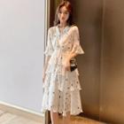 Star Print Short-sleeve Tiered A-line Dress