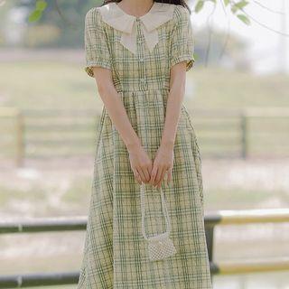 Short-sleeve Peter Pan Collar Plaid Midi Dress