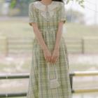 Short-sleeve Peter Pan Collar Plaid Midi Dress