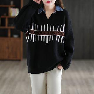 Denim Collar Argyle Print Sweater