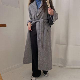 Tie-waist Maxi Herringbone Coat