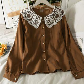 Embroidered Mesh-collar Loose Shirt