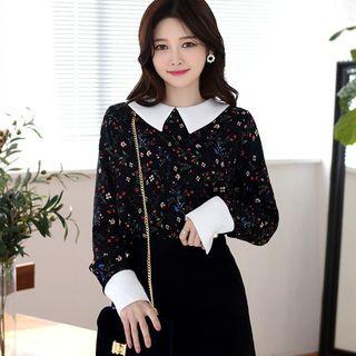 Contrast-collar Faux-pearl Floral Shirt
