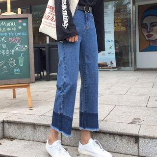 Frayed Hem Washed Wide Leg Jeans