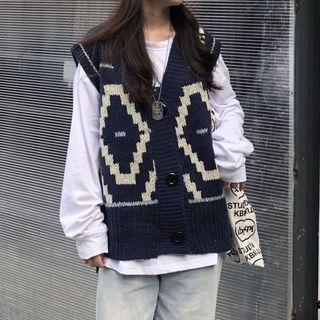 Patterned Knit Vest Dark Blue - One Size