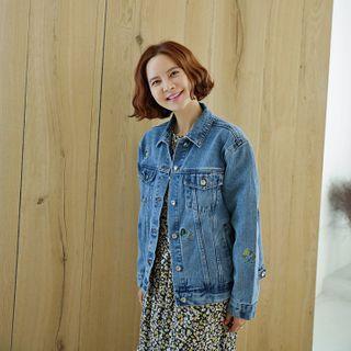 Floral Embroidered Denim Jacket Light Blue - One Size