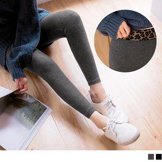 Leopard Elastic Band Panel Ribbed Knit Leggings