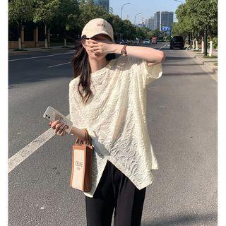 Round-neck Plain Lace Split Oversize Top Off-white - One Size