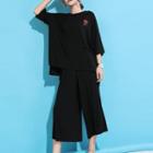 Set : Embroidered Elbow-sleeve Top + Wide Leg Pants