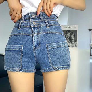 High Waist Button-up Panel Pocketed Denim Shorts
