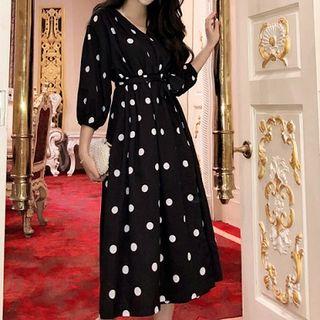 Elbow-sleeve Polka Dot Midi A-line Dress