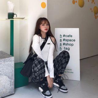 Long-sleeve Cold Shoulder Cropped T-shirt / Wide-leg Plaid Pants