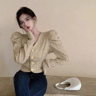 Long-sleeve V-neck Button-up Lace Top