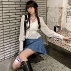 Lace Trim Blouse / A-line Denim Skirt