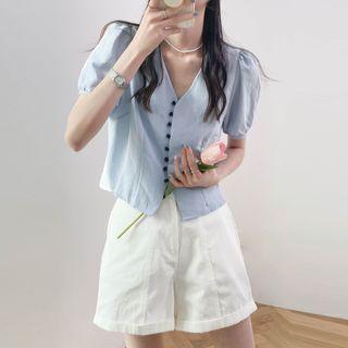 V-neck Plain Button-up Cropped Blouse