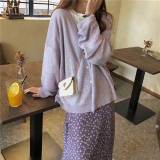 Long-sleeve Faux Pearl Knit Top / High-waist Floral Skirt