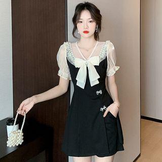 Set: Puff-sleeve Ribbon Mini A-line Dress + Shorts