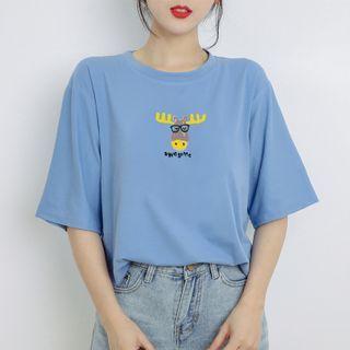 Moose Print Elbow-sleeve T-shirt