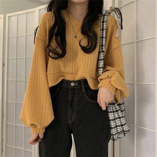 Lantern-sleeve V-neck Cropped Knit Top