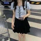 Mock Two-piece Lace-up Cropped T-shirt Blue - One Size