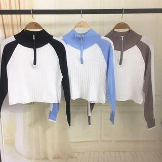 Long-sleeve Contrast Trim Stand-collar Knit Top