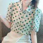 Elbow-sleeve Collar Dotted Blouse