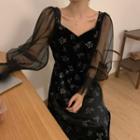 Lantern-sleeve Floral Print Midi A-line Dress Black - One Size