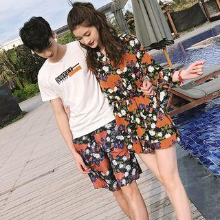 Couple Matching Flower Print Playsuit / Crew-neck Short-sleeve T-shirt / Printed Shorts